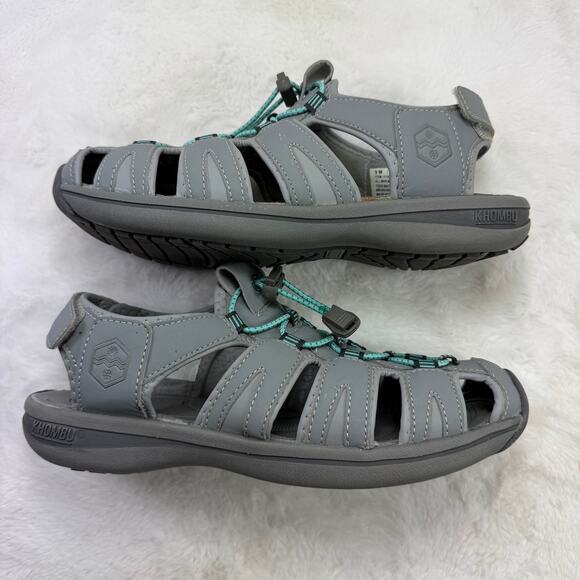 Khombu Ashley Gray Outdoor Sandals with Turquoise Bungee Size 9 - Picture 6 of 10